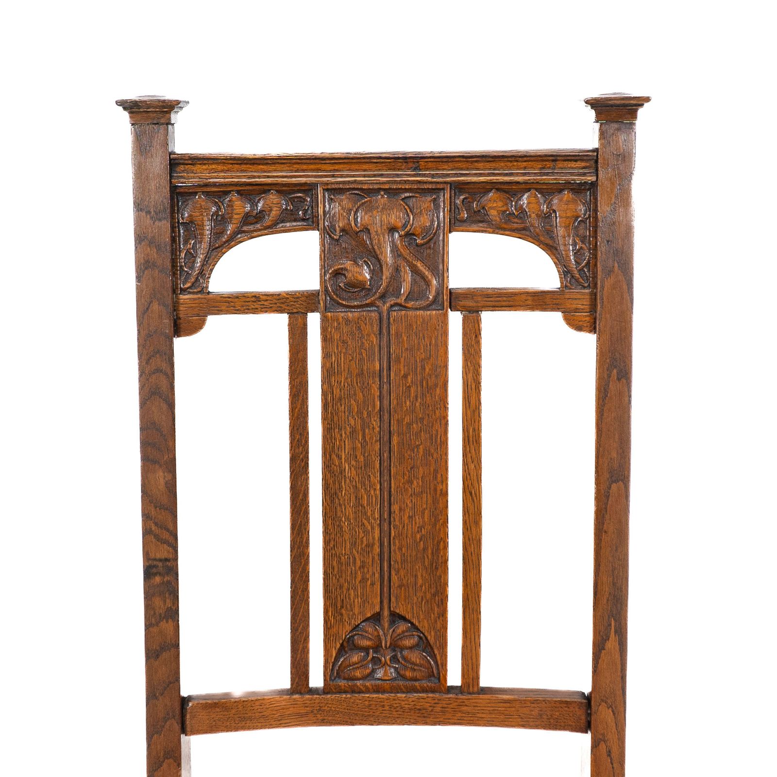 photo for sale Robson & Sons. Set Of 4 Arts & Crafts Oak Dining Chairs With Carved Floral Backs