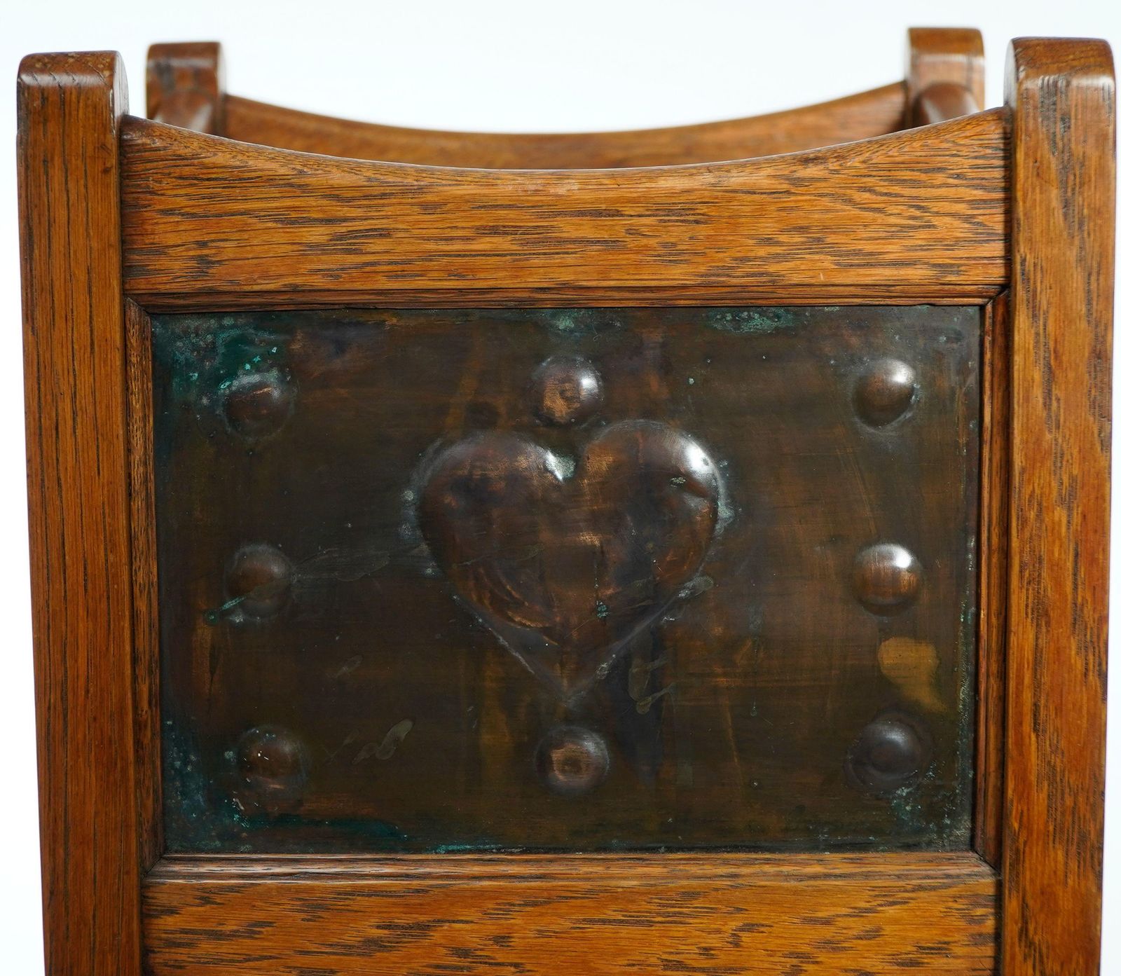 photo for sale Shapland & Petter. An Arts & Crafts Oak Planter With Copper Heart Shaped Panels
