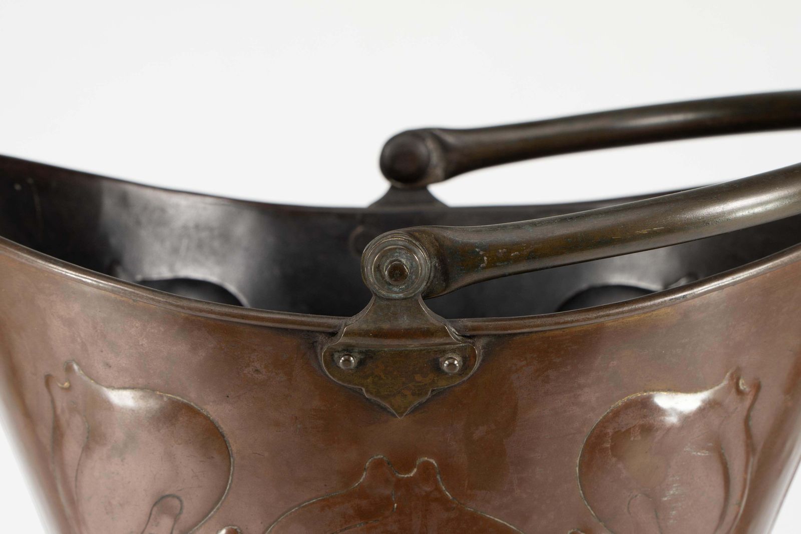 photo for sale An Arts & Crafts Copper Coal Bucket With Floral Decoration And Chocolate Patina