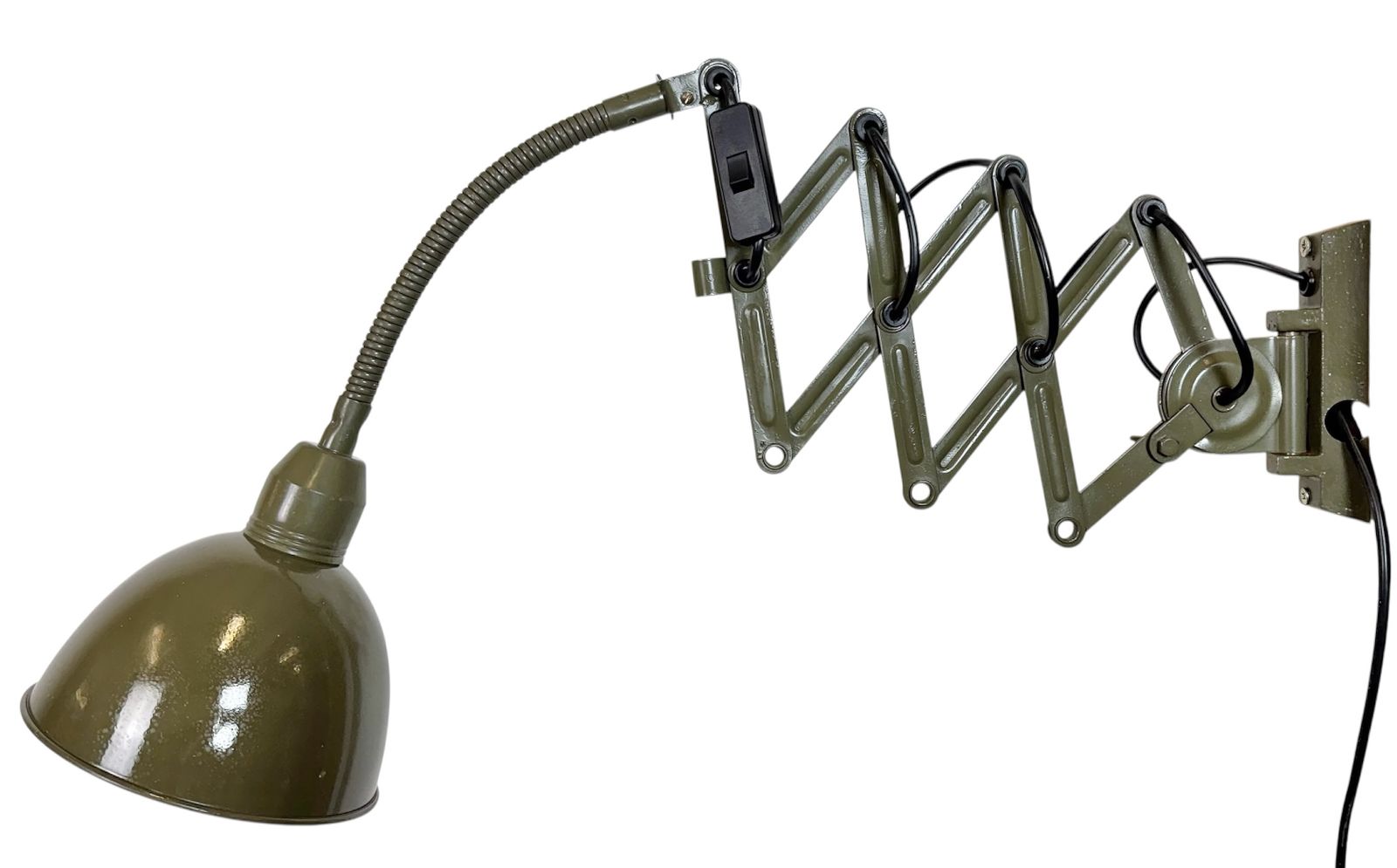 Green Industrial Military Gooseneck Scissor Wall Lamp From Elektroinstala, 1960s
