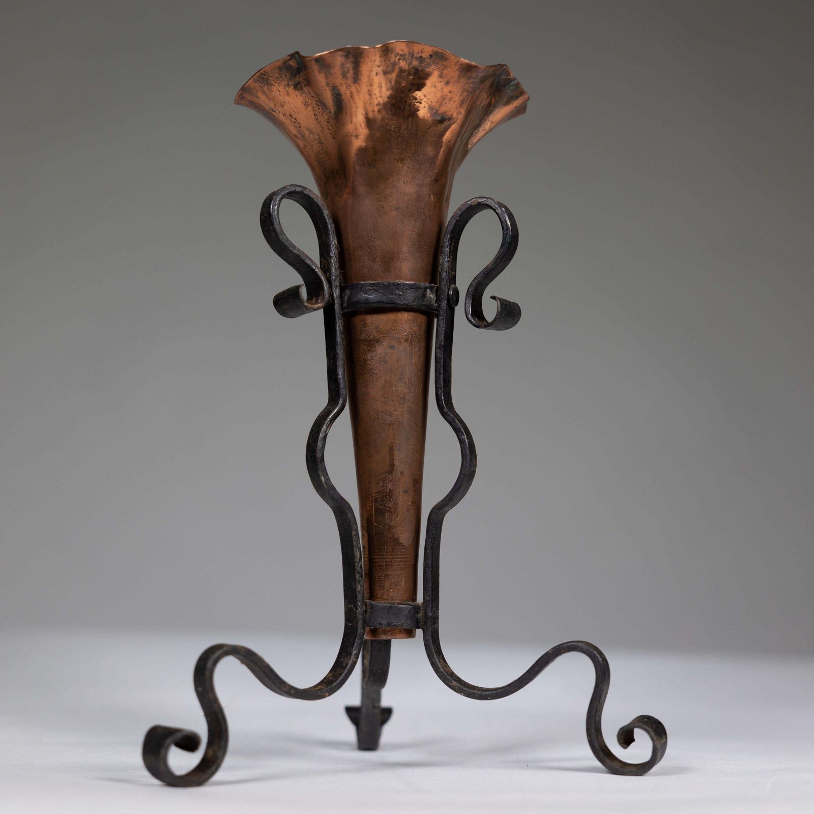 An Arts And Crafts Copper And Hand Wrought Iron Conical Flower Vase photo vinterior