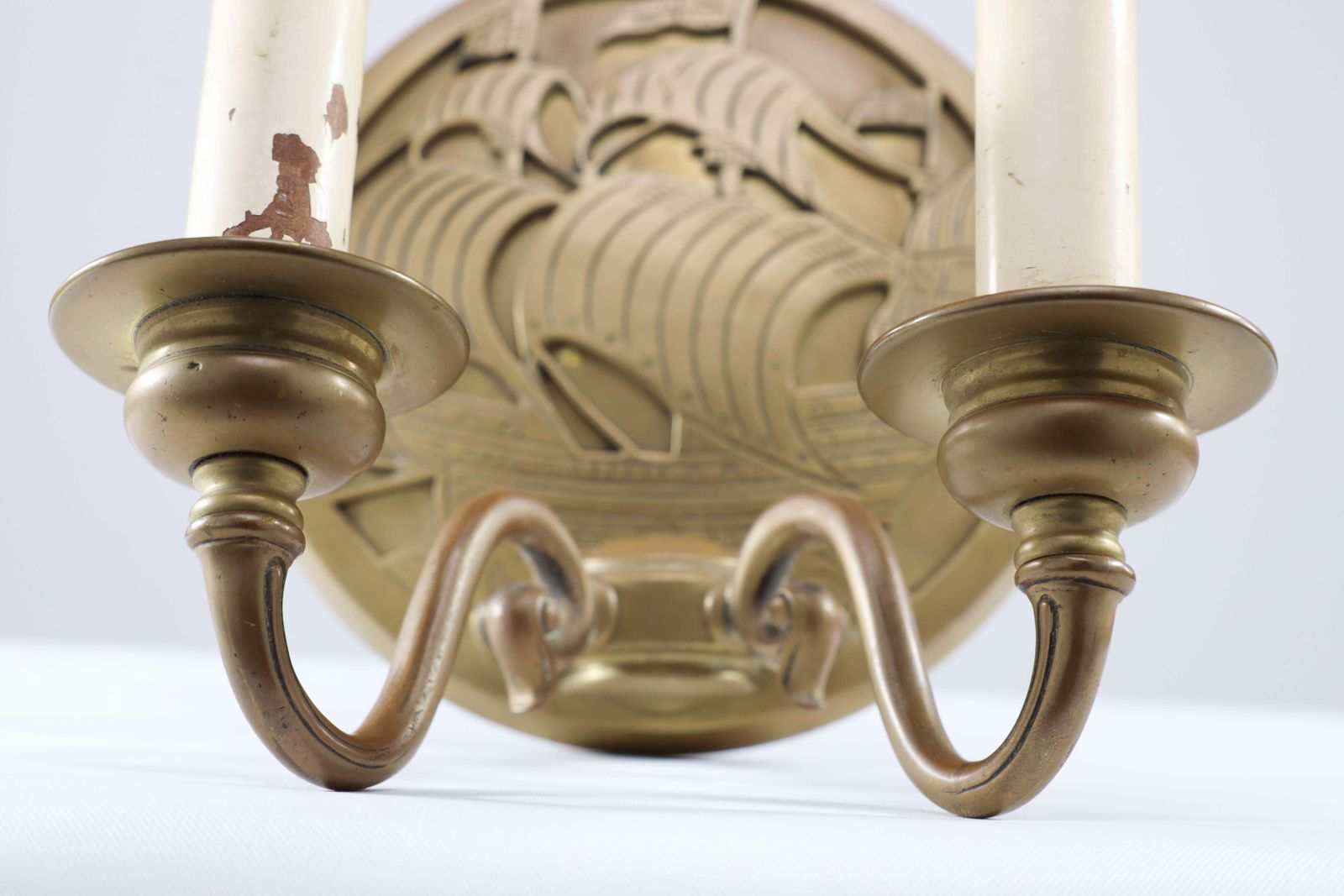 photo for sale A Pair Of Arts And Crafts Brass Wall Lights With Galleons In Sail.