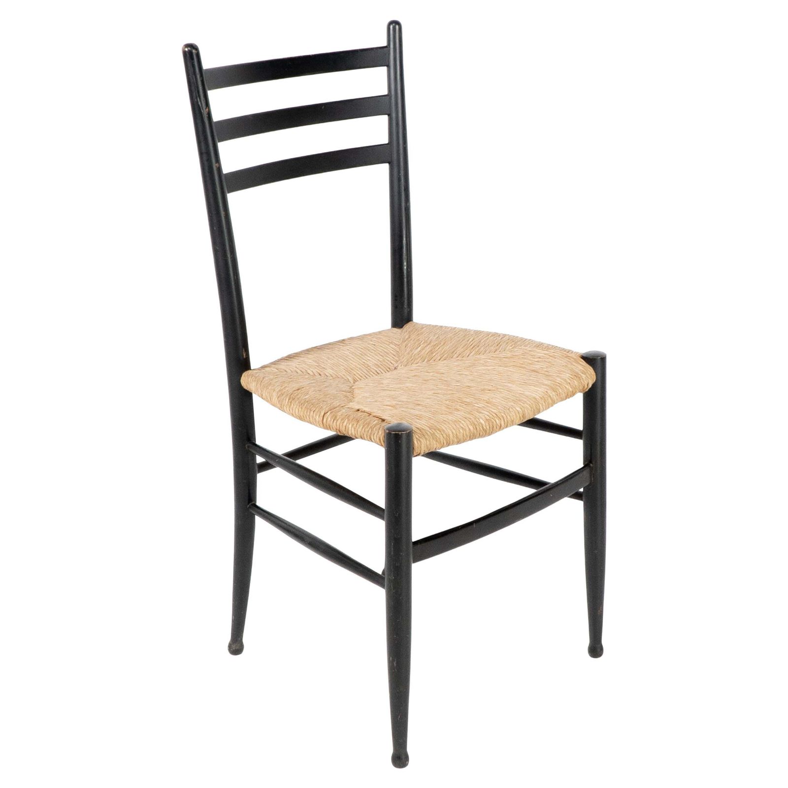 Gio Ponti Style Ebonized Ladder Back Rush Seat Side Or Desk Chair With Ball Feet