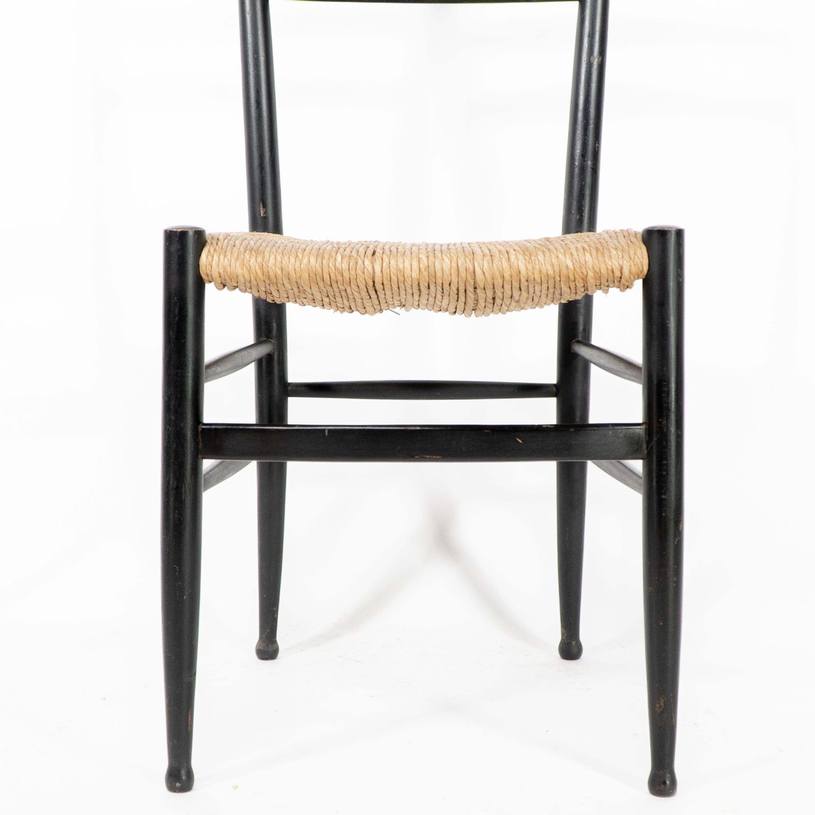 photo for sale Gio Ponti Style Ebonized Ladder Back Rush Seat Side Or Desk Chair With Ball Feet