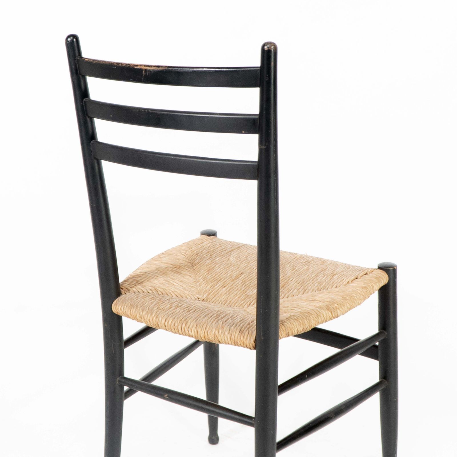 photo vinterior Gio Ponti Style Ebonized Ladder Back Rush Seat Side Or Desk Chair With Ball Feet