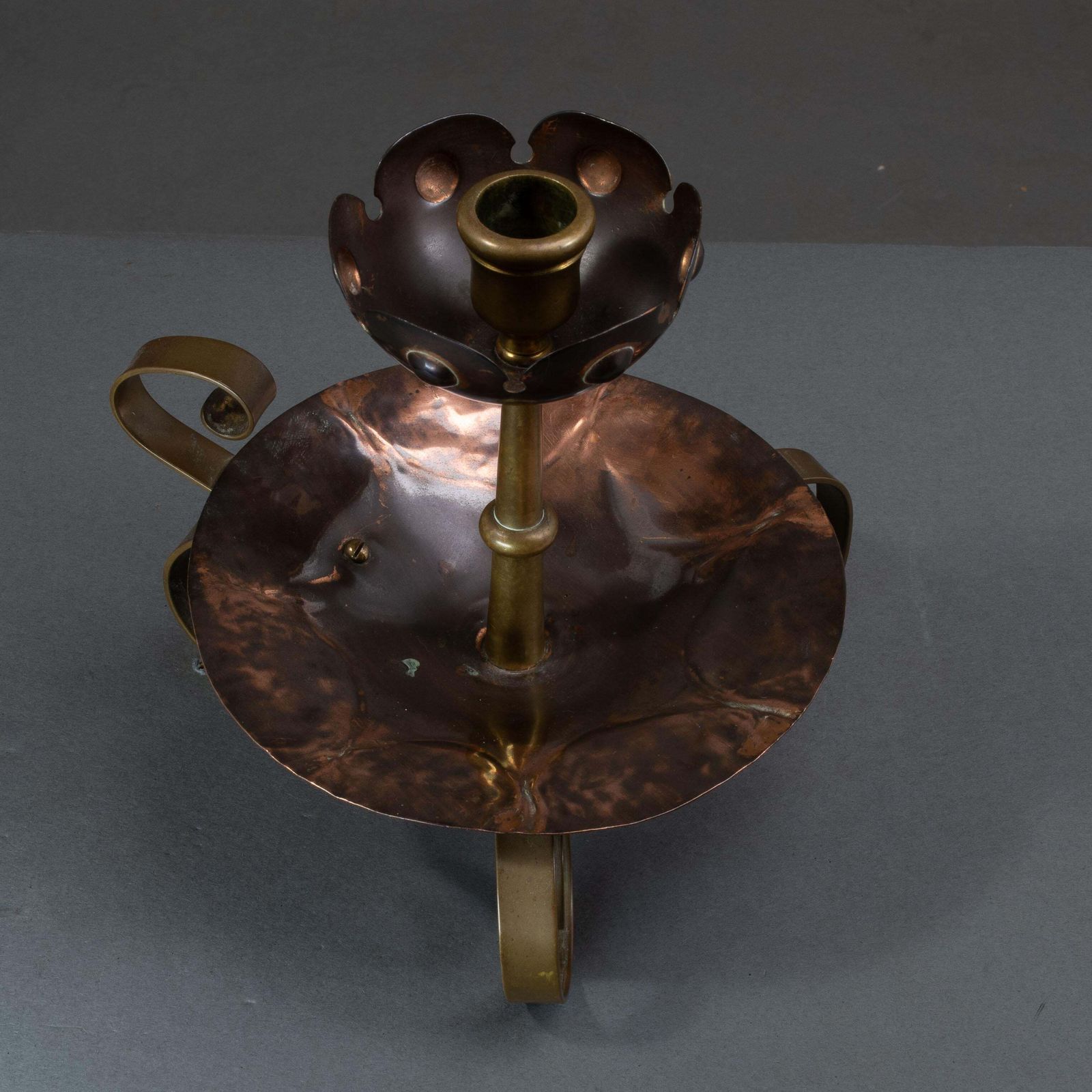 photo furniture Benham & Froud. Pair Of Arts & Crafts Copper Night Candle Holder W. Flower Head