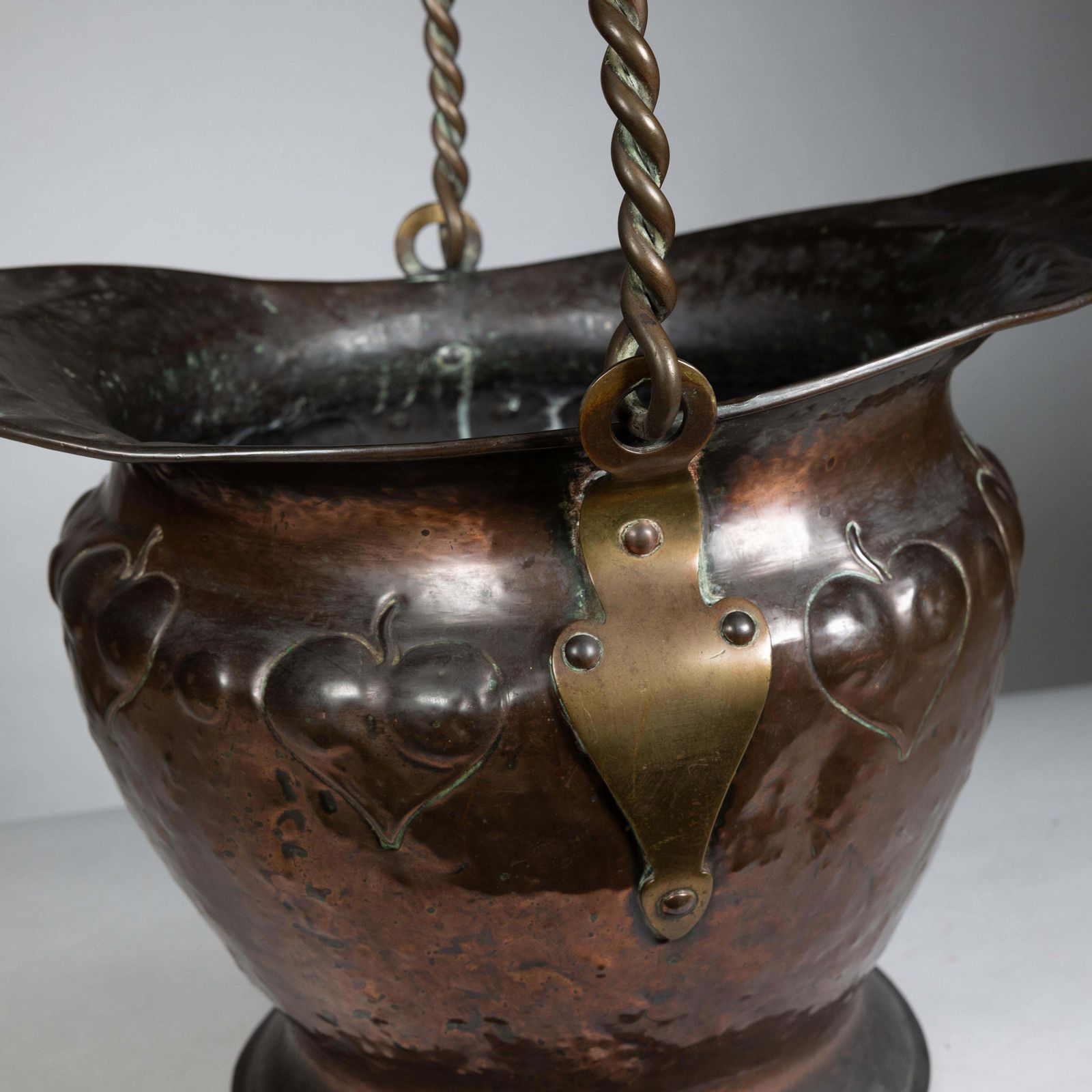 photo furniture Arts & Crafts Copper Coal Bucket W. Repousse Leaf Decoration & Rope Twist Handle