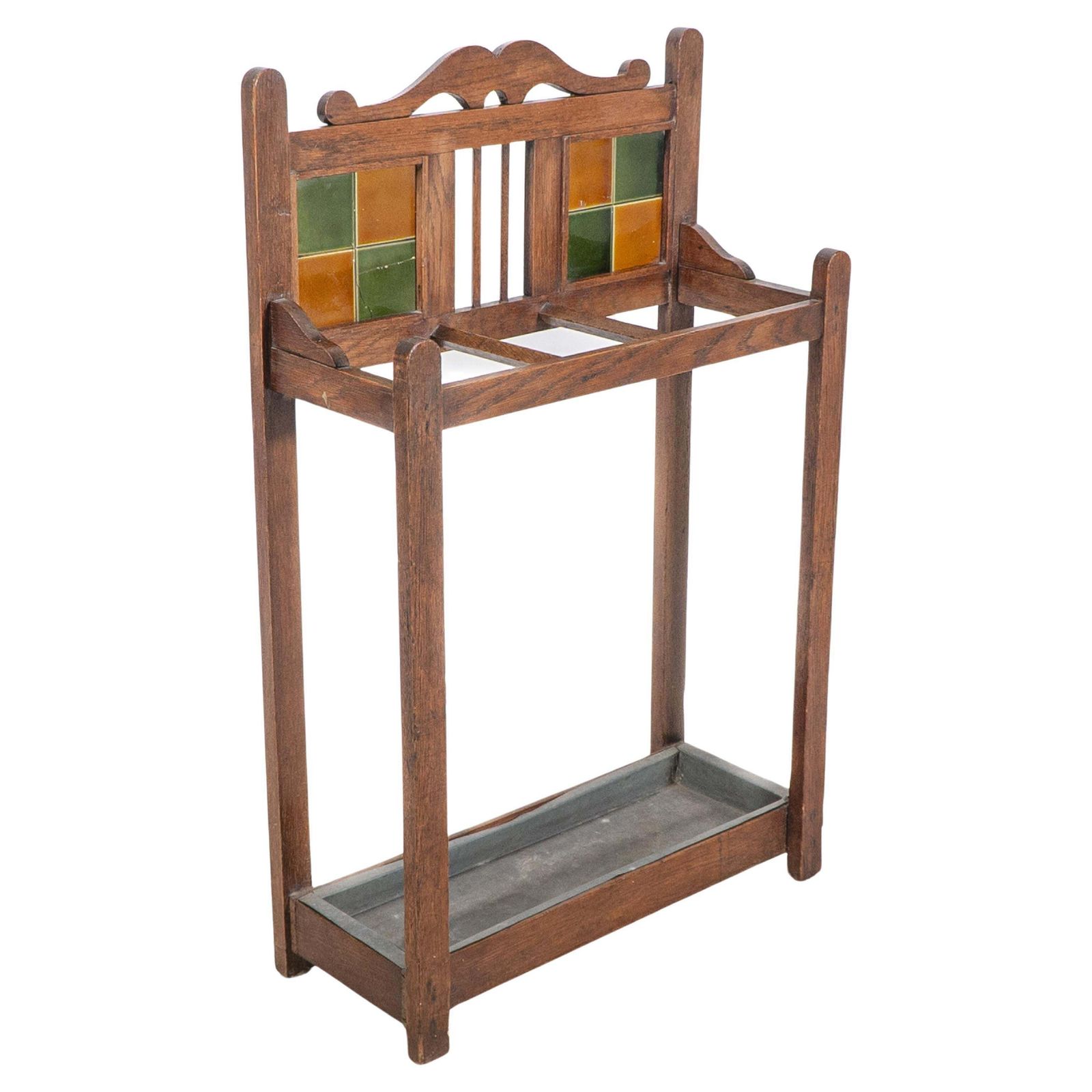 An Arts & Crafts Oak Umbrella & Stick Stand With Original Green & Mustard Tiles
