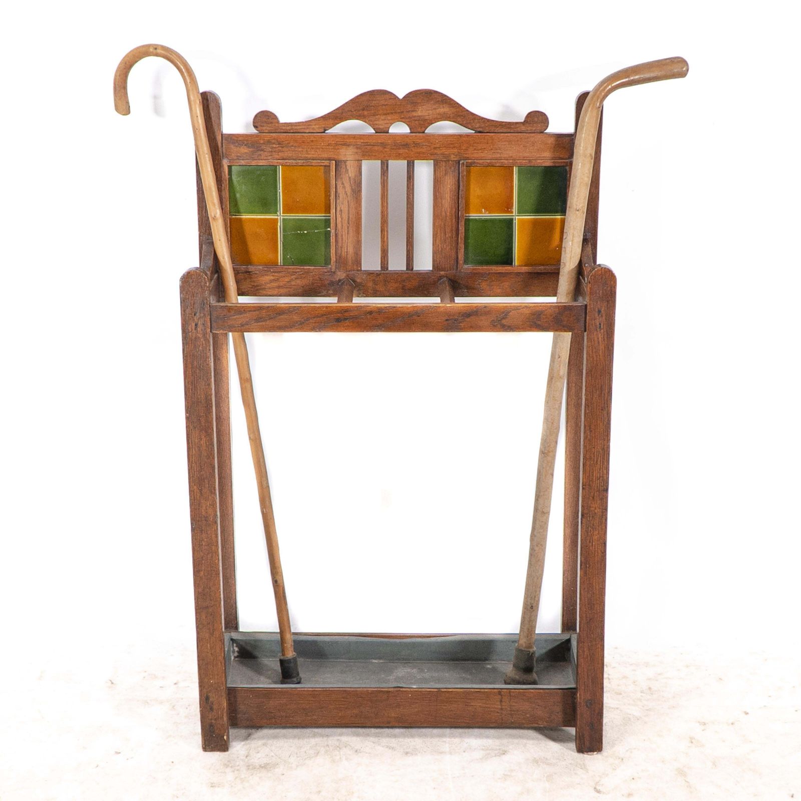 An Arts & Crafts Oak Umbrella & Stick Stand With Original Green & Mustard Tiles photo for sale