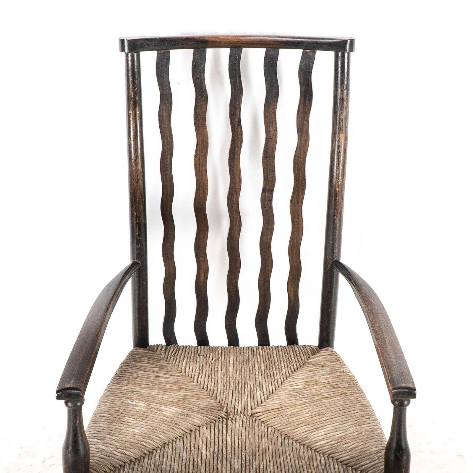 Liberty & Co. An Arts & Crafts Rush Seat Armchair With Wavy Shaped Back Slats photo vintage