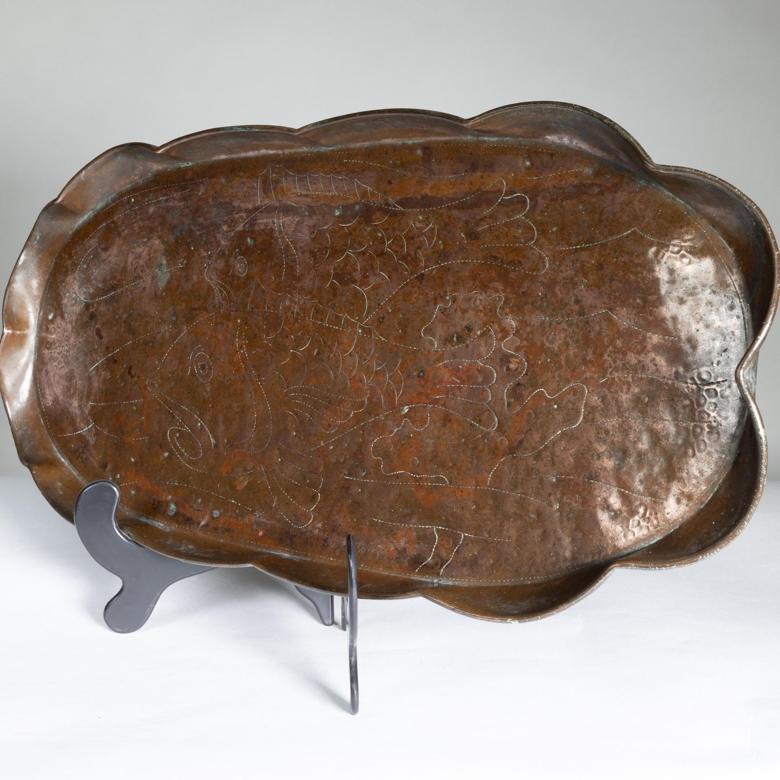 An Arts & Crafts Copper Tray Decorated With Swimming Fishes & Folded Wavy Edges photo furniture