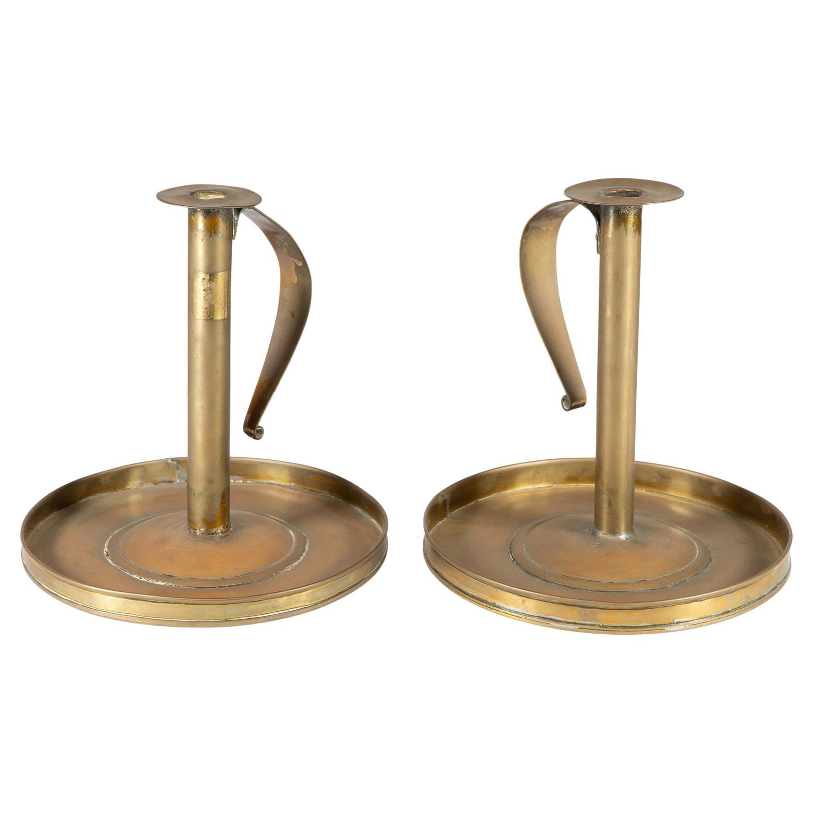 A Pair Of Scottish School Arts & Crafts Brass Candlesticks W Circular Drip Trays