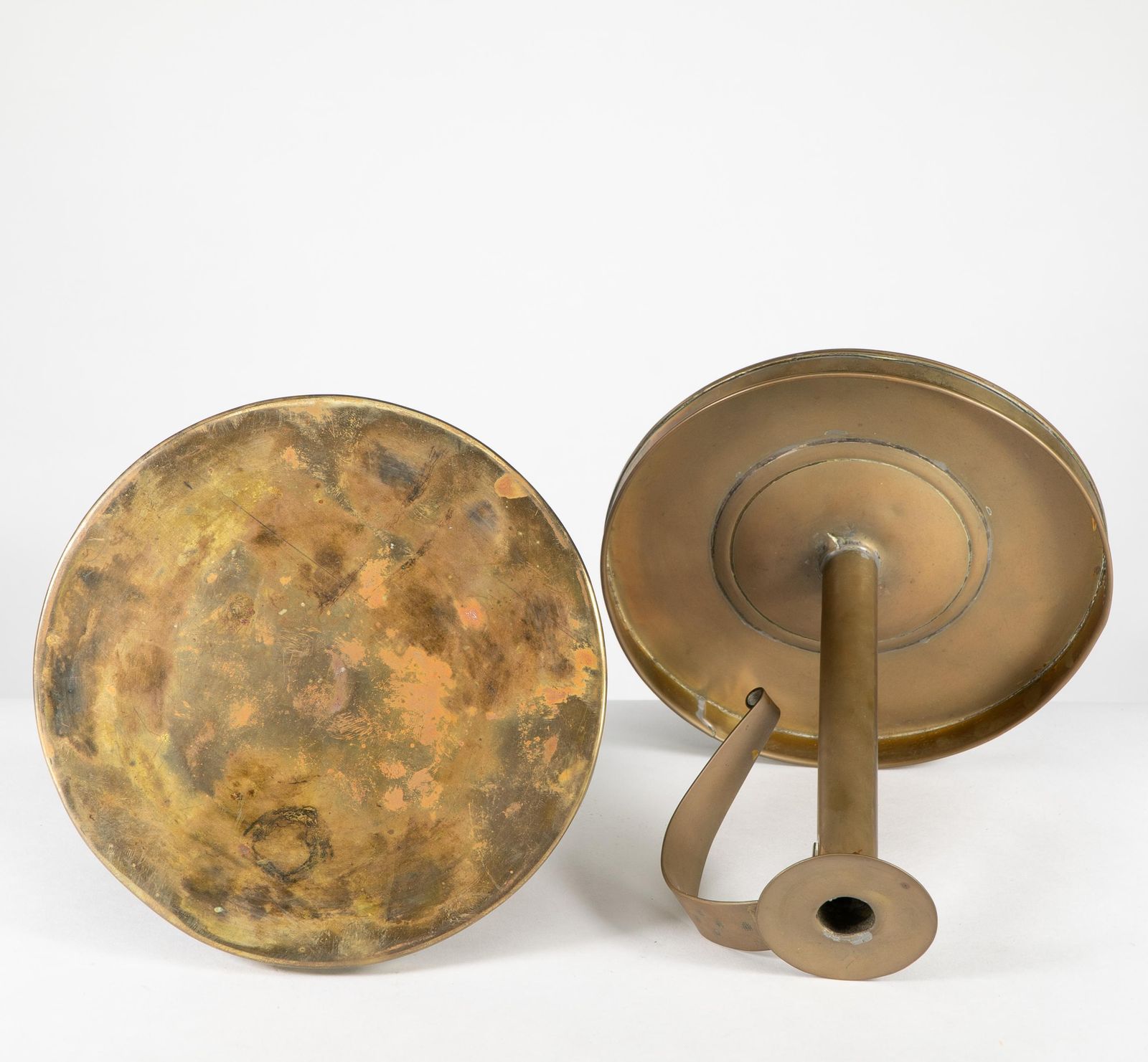 Home Decor A Pair Of Scottish School Arts & Crafts Brass Candlesticks W Circular Drip Trays photo