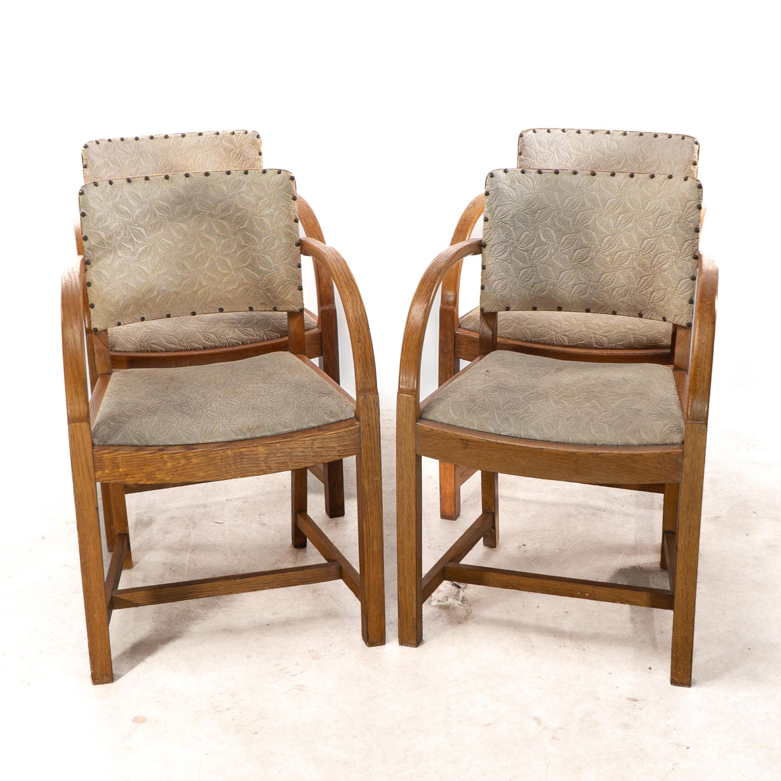 Heals. Four Art Deco Oak Armchairs With Shaped Backrests & Rounded Arms photo furniture