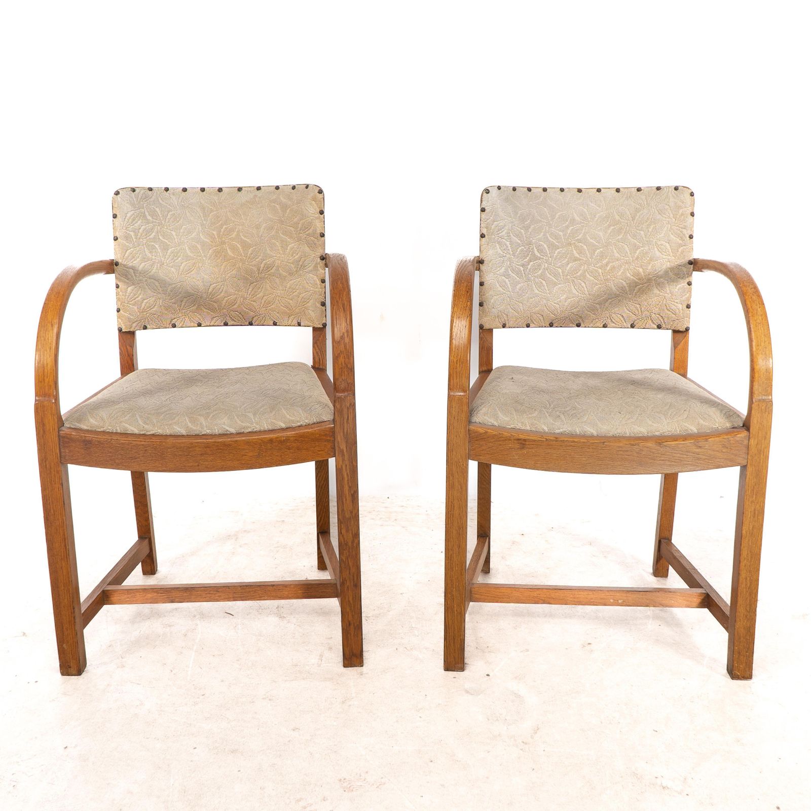 Heals. Four Art Deco Oak Armchairs With Shaped Backrests & Rounded Arms photo for sale