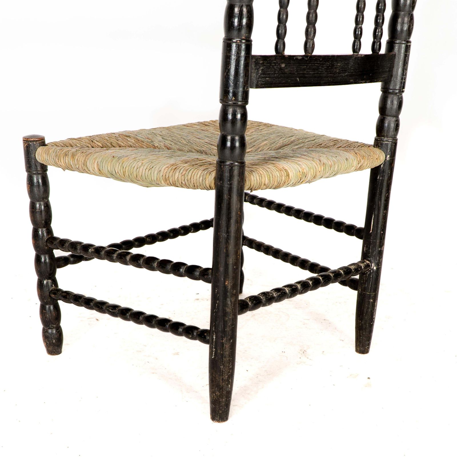 photo vintage Ernest Gimson. A Rare Cotswold School Ebonised Bobbin Turned Rush Seat Low Chair
