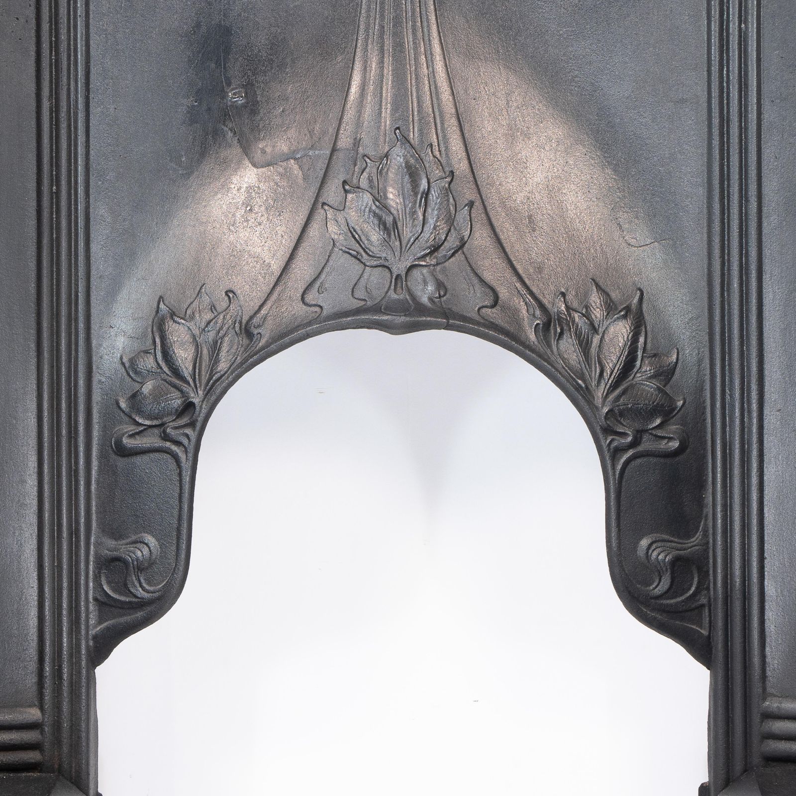 Arts & Crafts Cast Iron Fireplace With Curved Sides & Stylized Floral Decoration photo buy