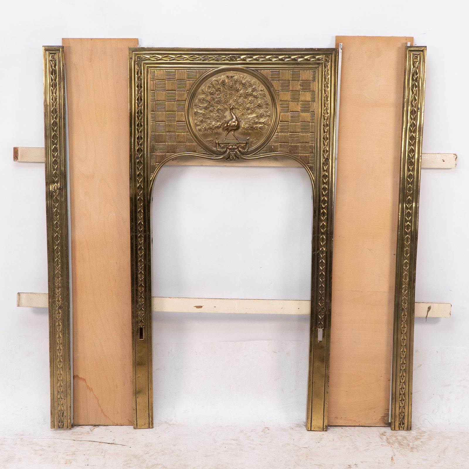 T. Elsley Attri. Aesthetic Movement Brass Fire Insert W. Upper Central Peacock photo furniture