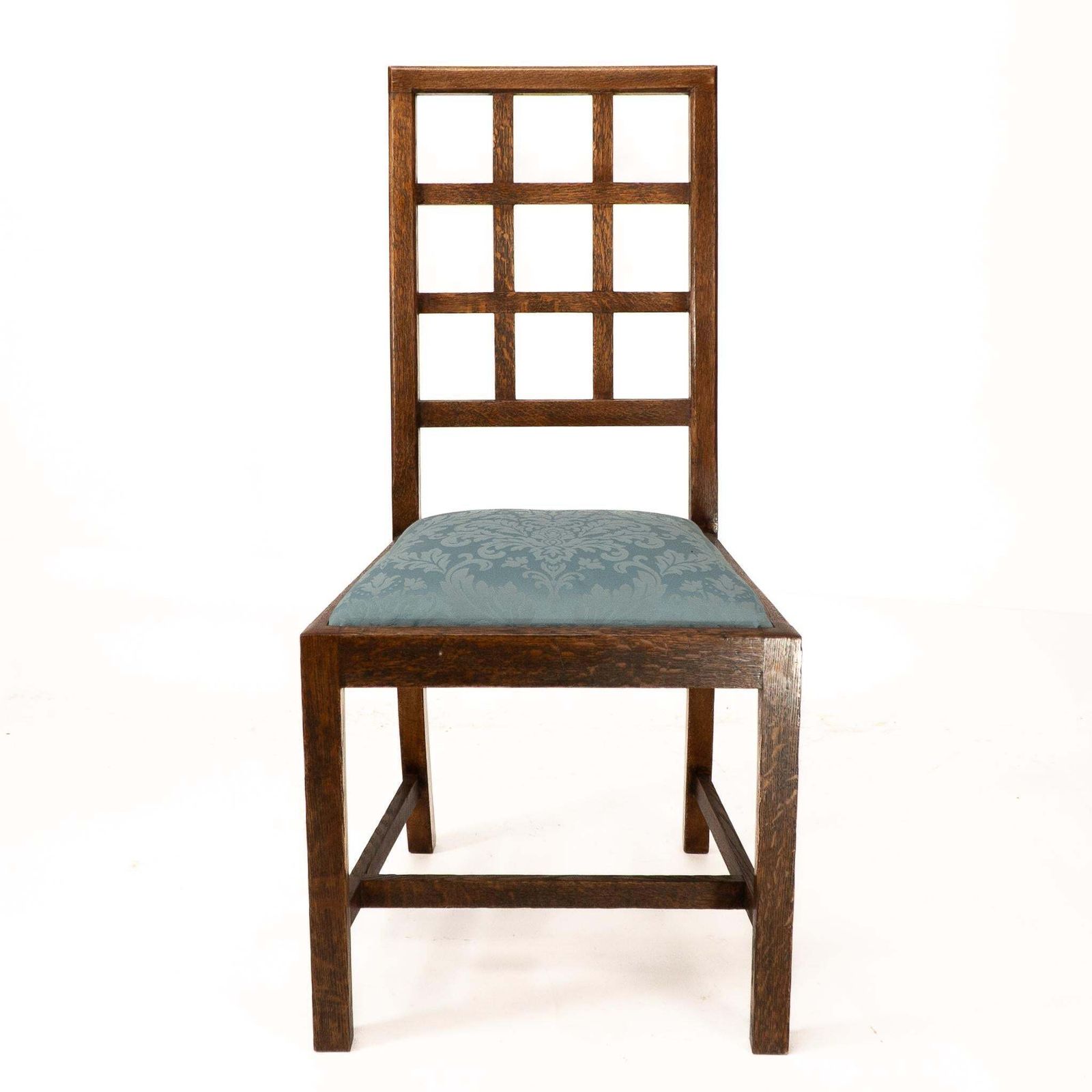Heals. Set Of 4 Arts & Crafts Oak Lattice Back Dining Chairs & Blue Damask Seats photo for sale