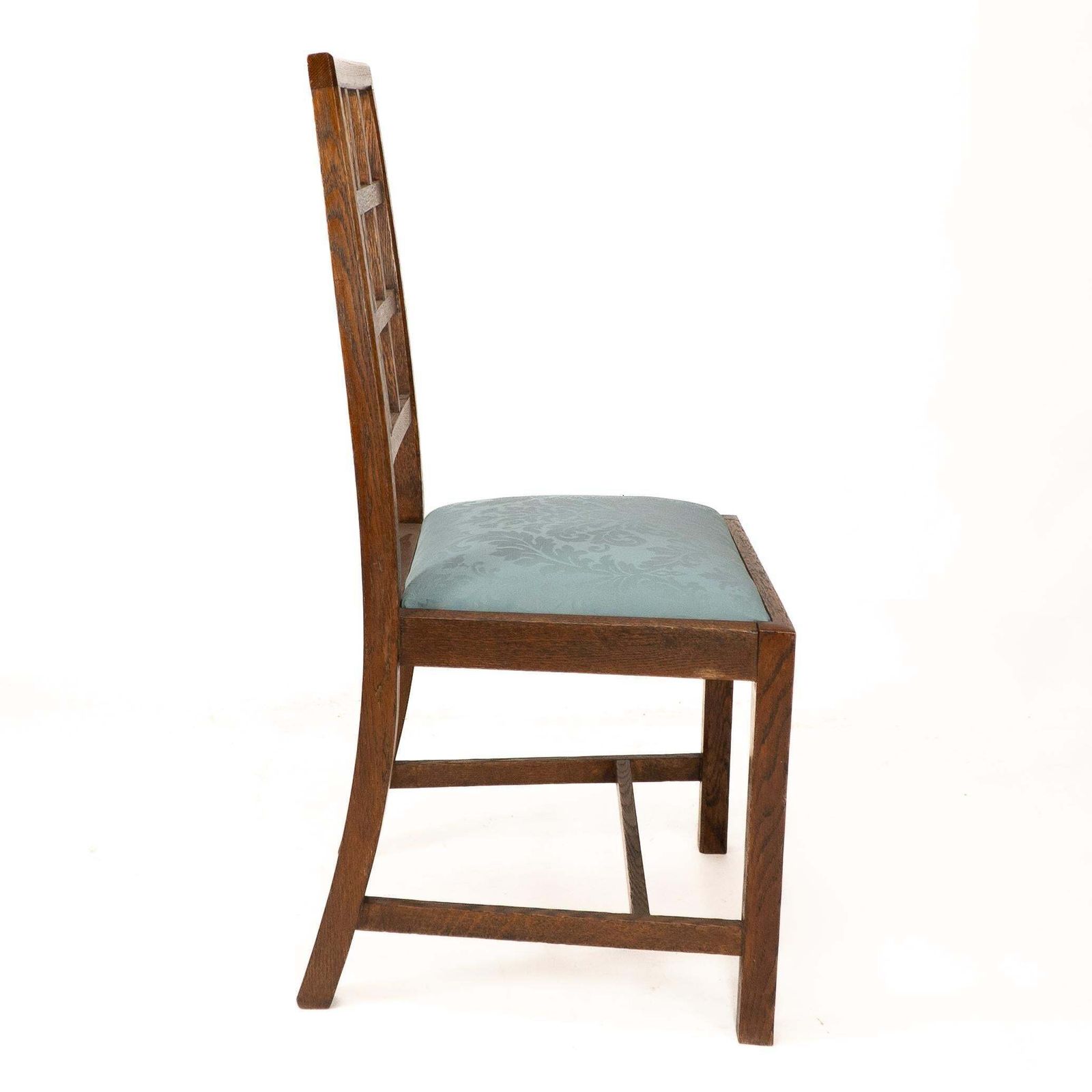 Heals. Set Of 4 Arts & Crafts Oak Lattice Back Dining Chairs & Blue Damask Seats photo 2856.0