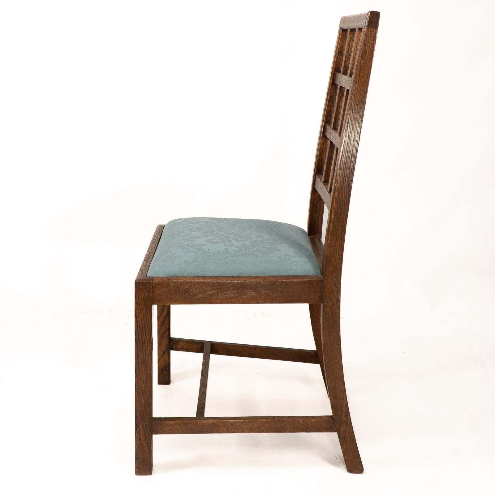 Heals. Set Of 4 Arts & Crafts Oak Lattice Back Dining Chairs & Blue Damask Seats photo vinterior