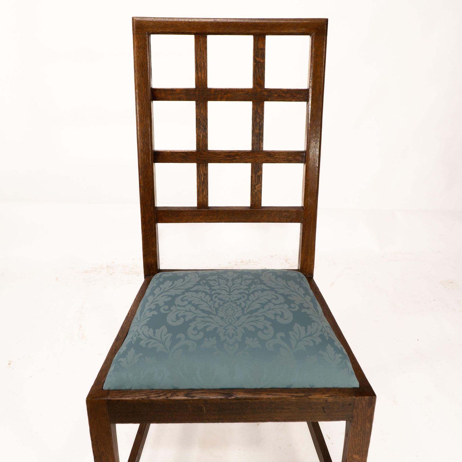 Heals. Set Of 4 Arts & Crafts Oak Lattice Back Dining Chairs & Blue Damask Seats photo vintage