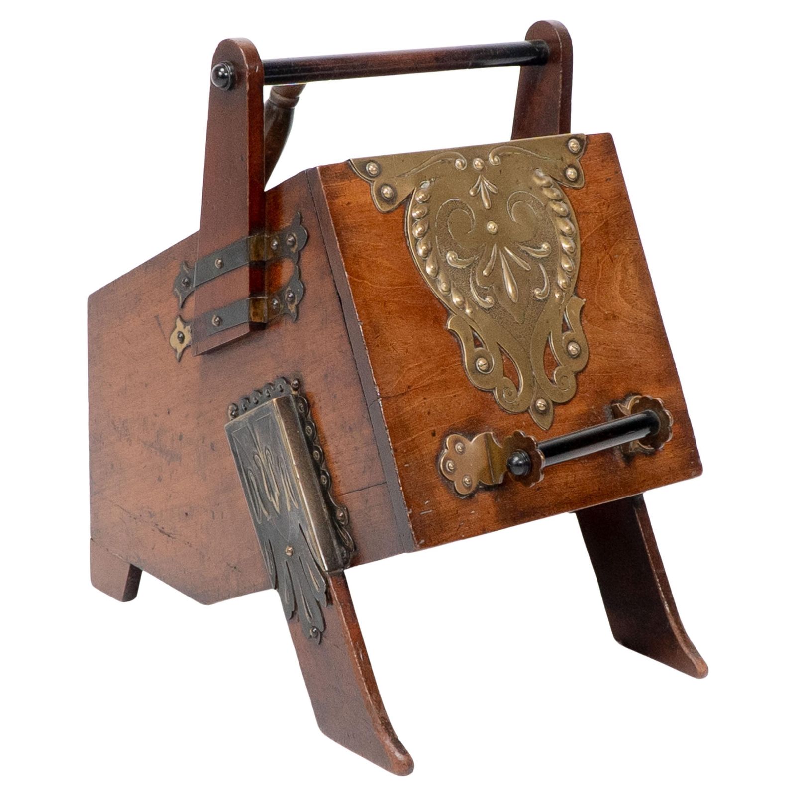 DR C Dresser. An Aesthetic Movement Walnut Coal Box With Stylized Brass Panels
