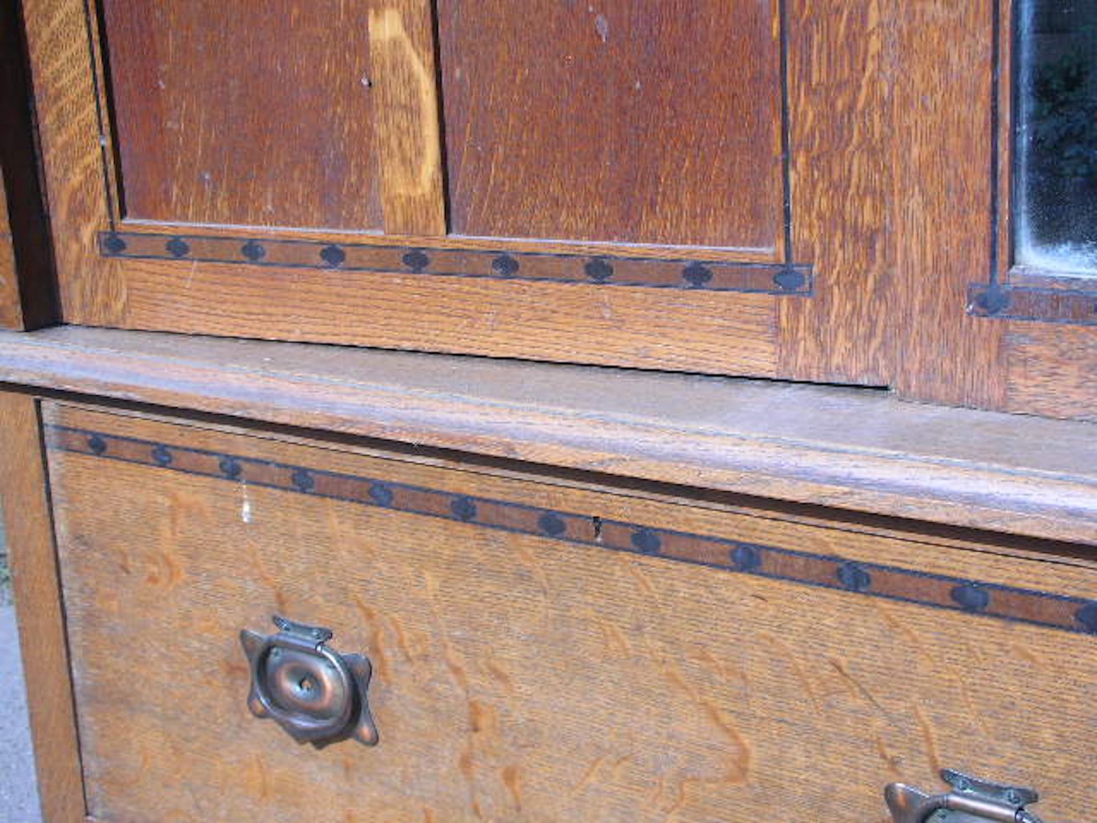 Gillows. An Arts & Crafts Oak Treble Wardrobe With Ebony Floral Inlays photo vinterior