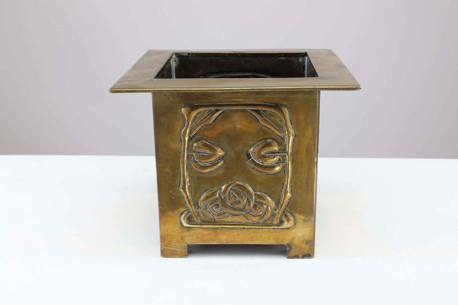 Margaret Gilmour Arts & Crafts Brass Planter With Stylized Rose & Floral Details photo for sale