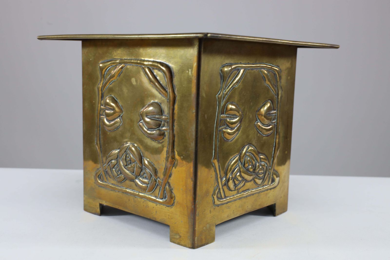 Margaret Gilmour Arts & Crafts Brass Planter With Stylized Rose & Floral Details photo buy