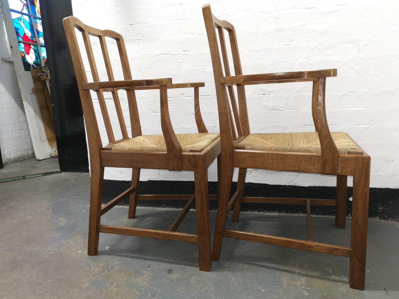 Pair Of Cotswold School Arts & Crafts Oak Lattice Back Armchairs With Rush Seats photo for sale