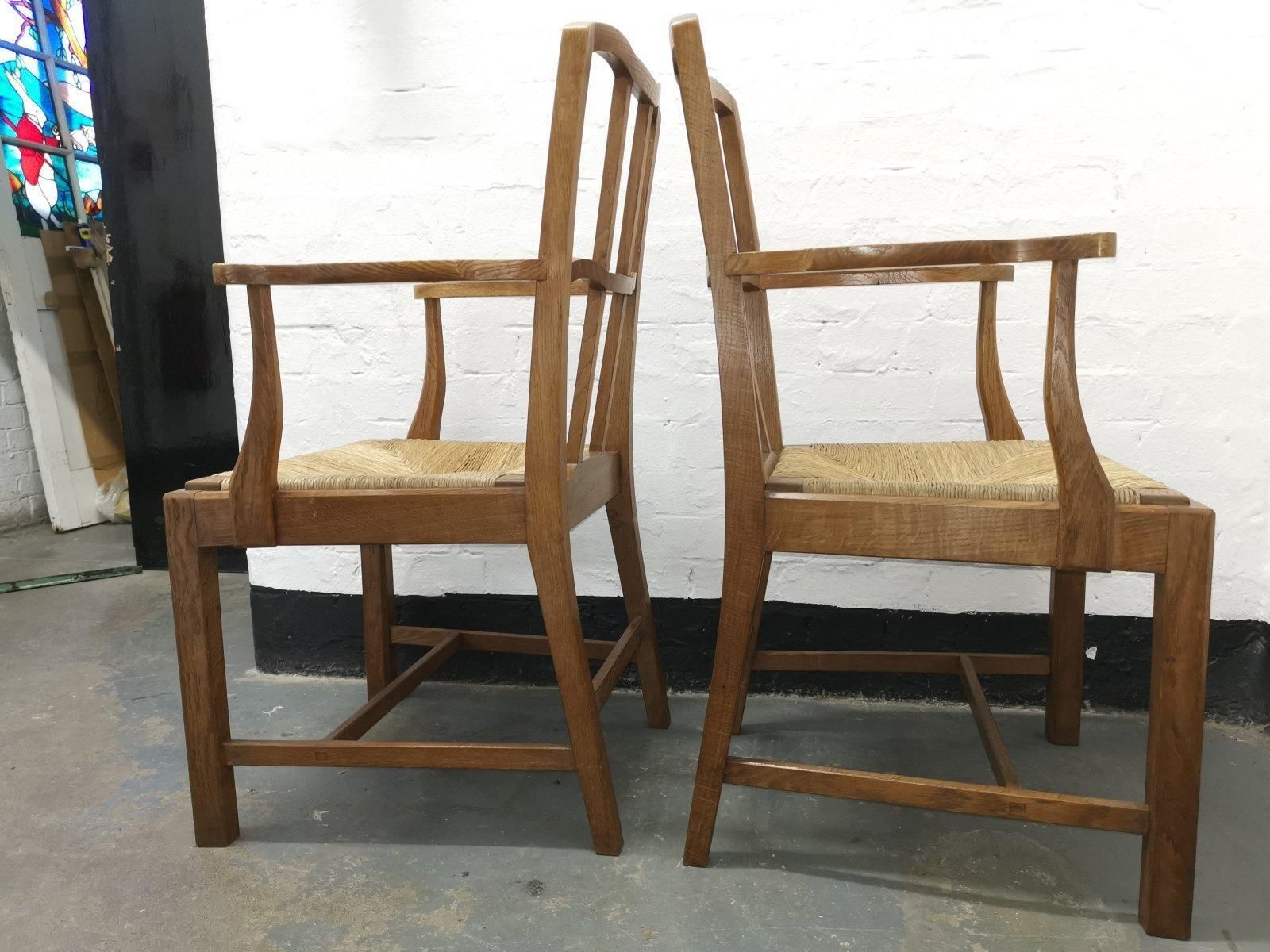 Pair Of Cotswold School Arts & Crafts Oak Lattice Back Armchairs With Rush Seats photo Furniture