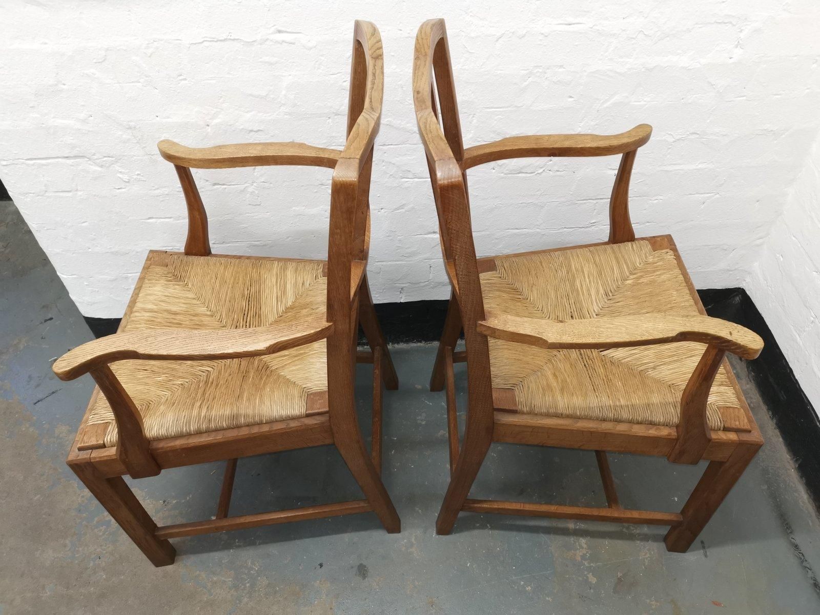 Pair Of Cotswold School Arts & Crafts Oak Lattice Back Armchairs With Rush Seats photo vintage