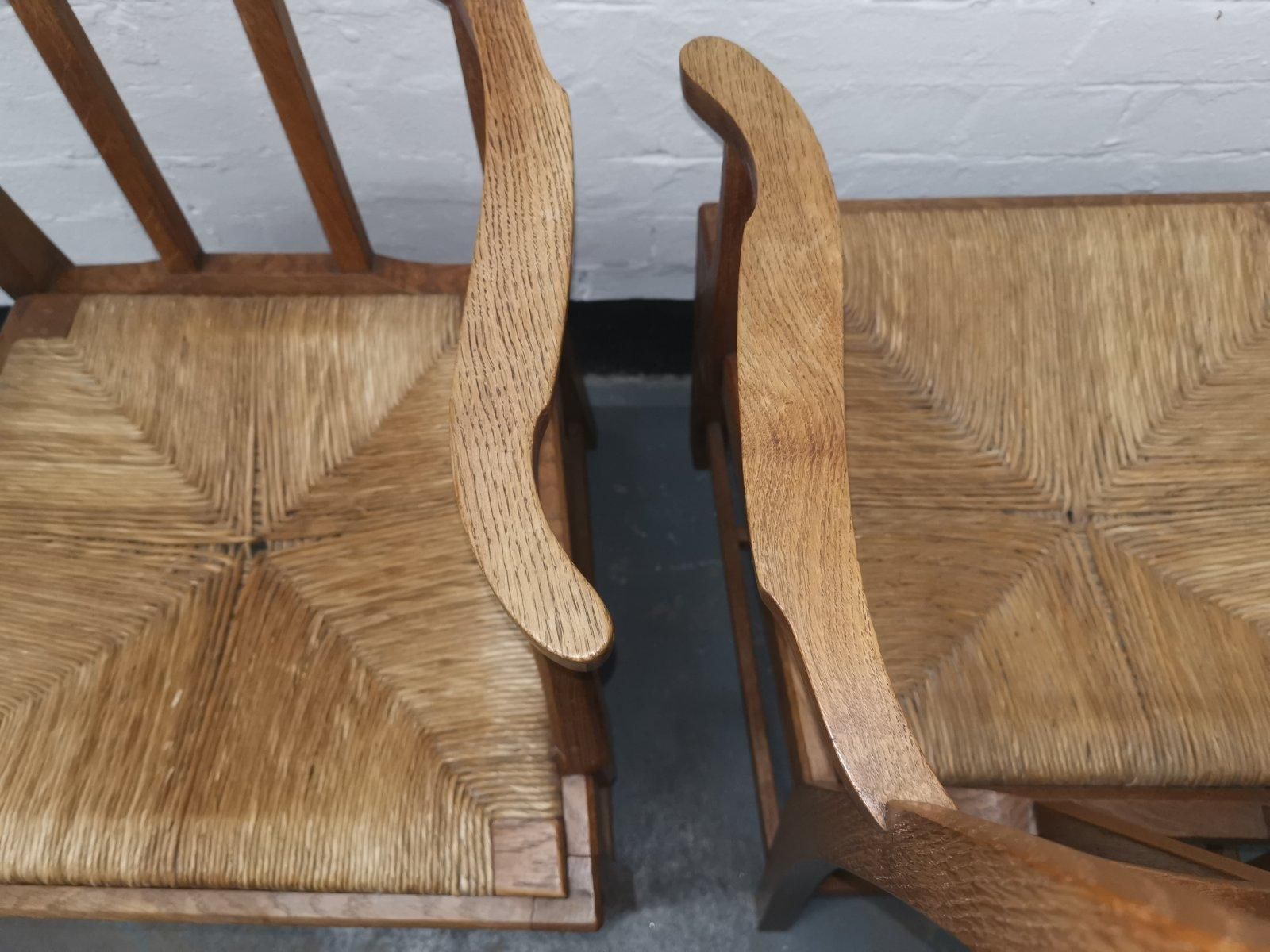photo for sale Pair Of Cotswold School Arts & Crafts Oak Lattice Back Armchairs With Rush Seats