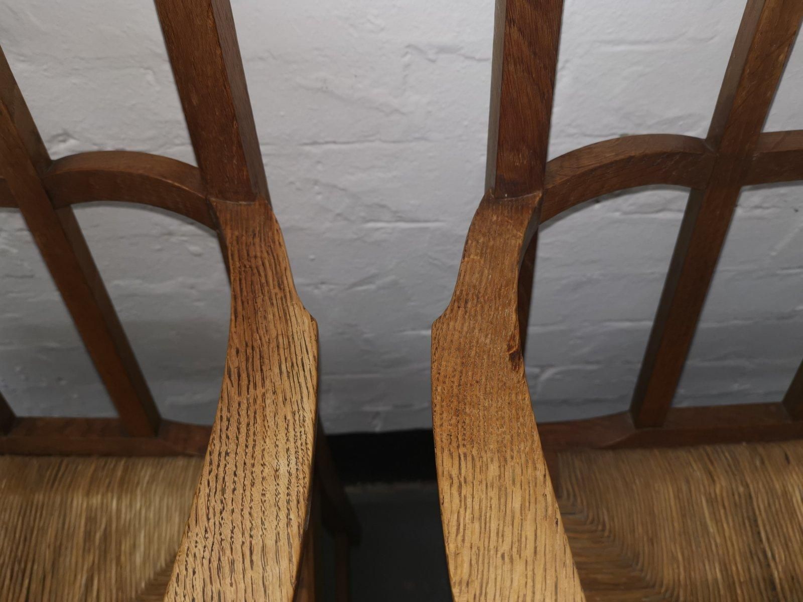 Furniture Pair Of Cotswold School Arts & Crafts Oak Lattice Back Armchairs With Rush Seats photo