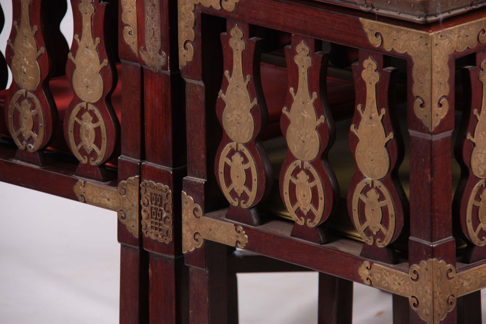 Chinese Rosewood Dining Table & Four Chairs With Etched Decorative Brass Plaques photo 5711.0