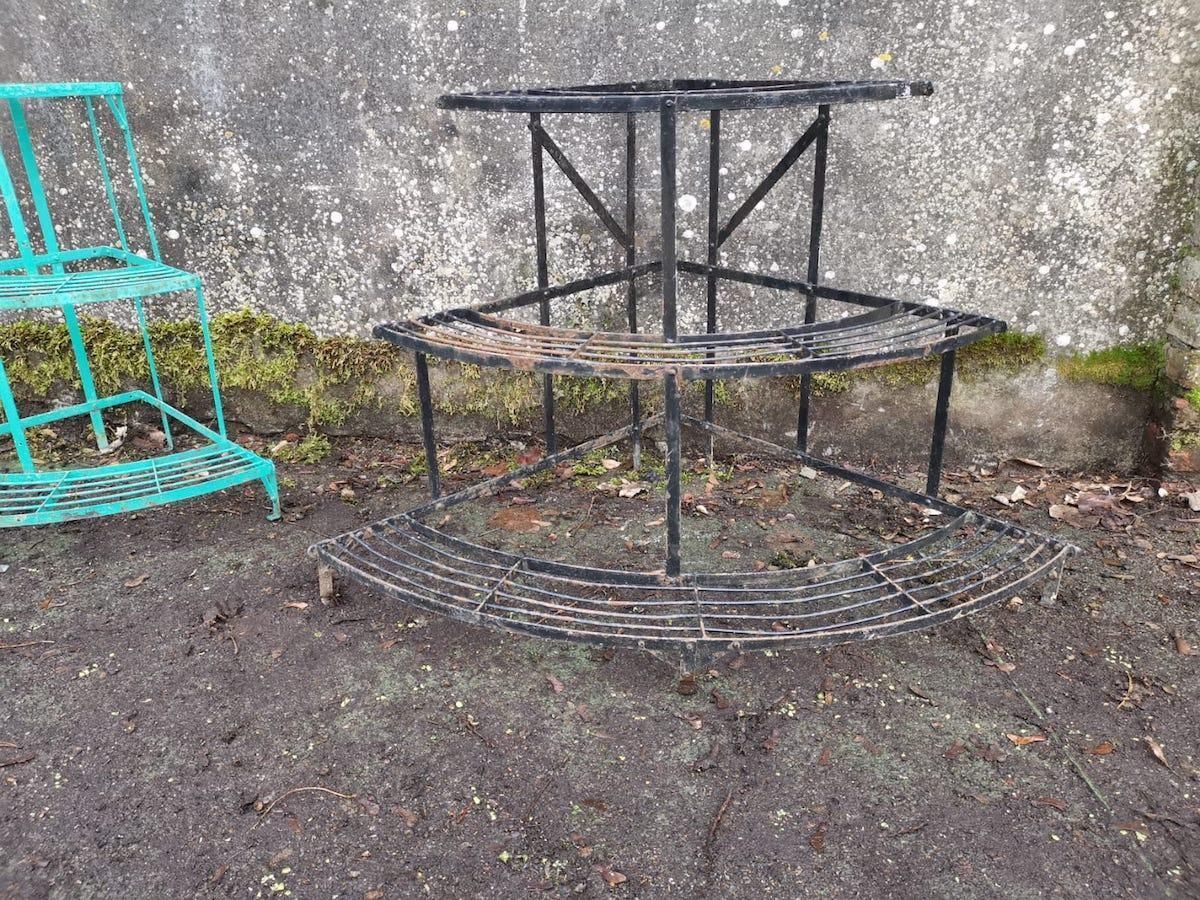 Three French Midcentury Corner Quarter Moon Iron Plant Pot Shelves Or Stands photo vintage