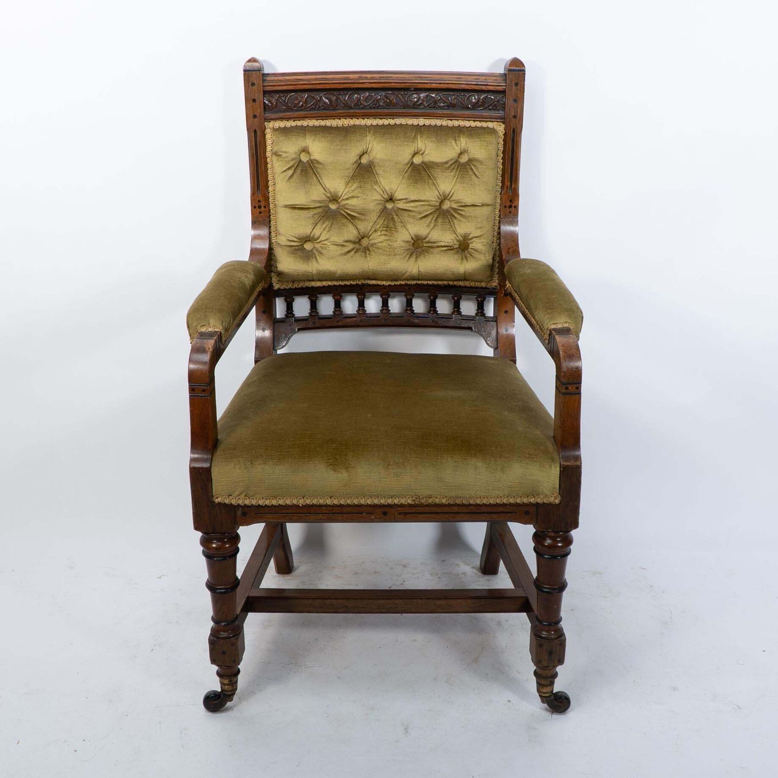 Charles Bevan Attr. A Set Of Five Gothic Revival Oak Dining Chairs & An Armchair photo for sale