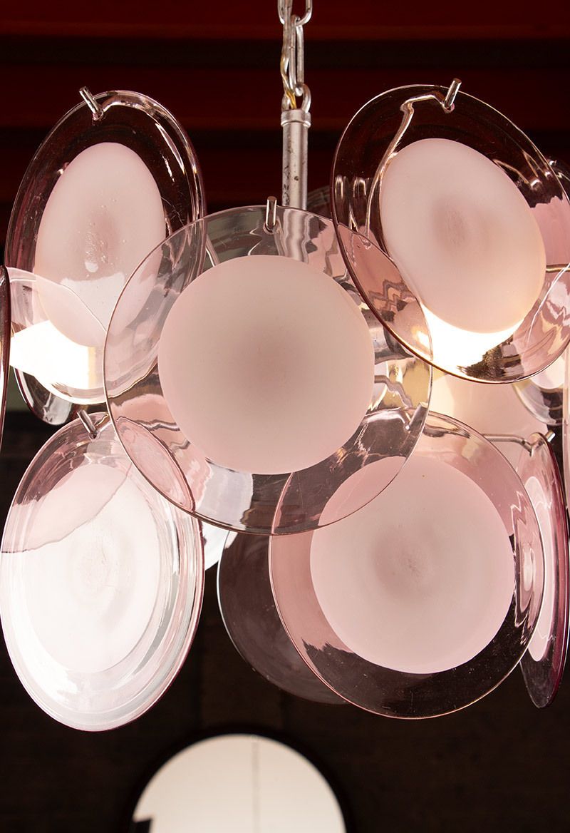 2200.0 “Space Age” Chandelier Made Of 15 Pink And White Pendants And Murano Glass, “Disc” Model By Gino Vistosi 1970. photo