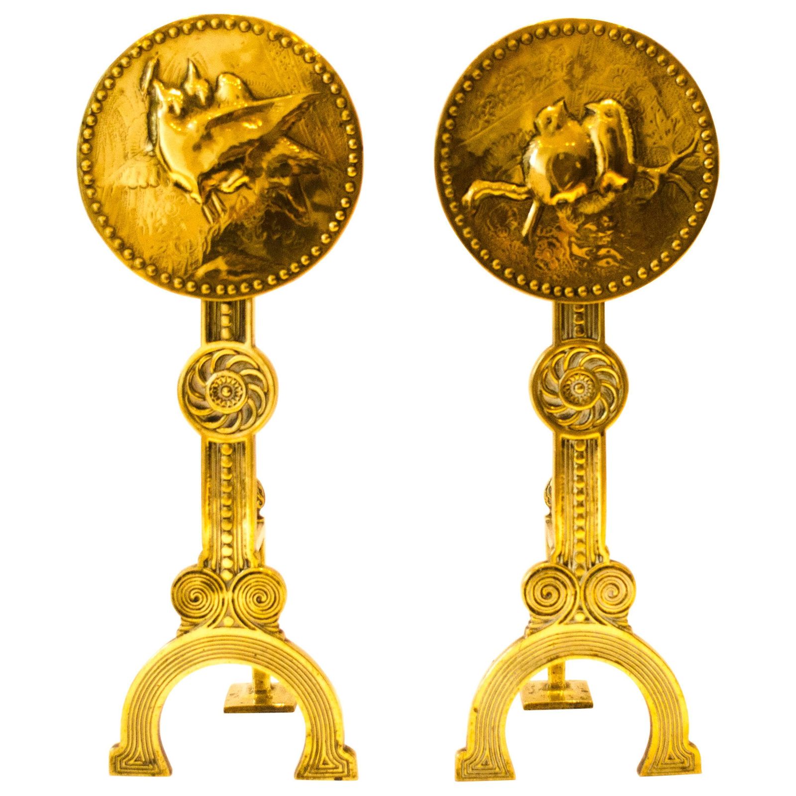 Thomas Jeckyll Attri., A Pair Of Anglo Japanese Brass Fire Dogs With Love Birds