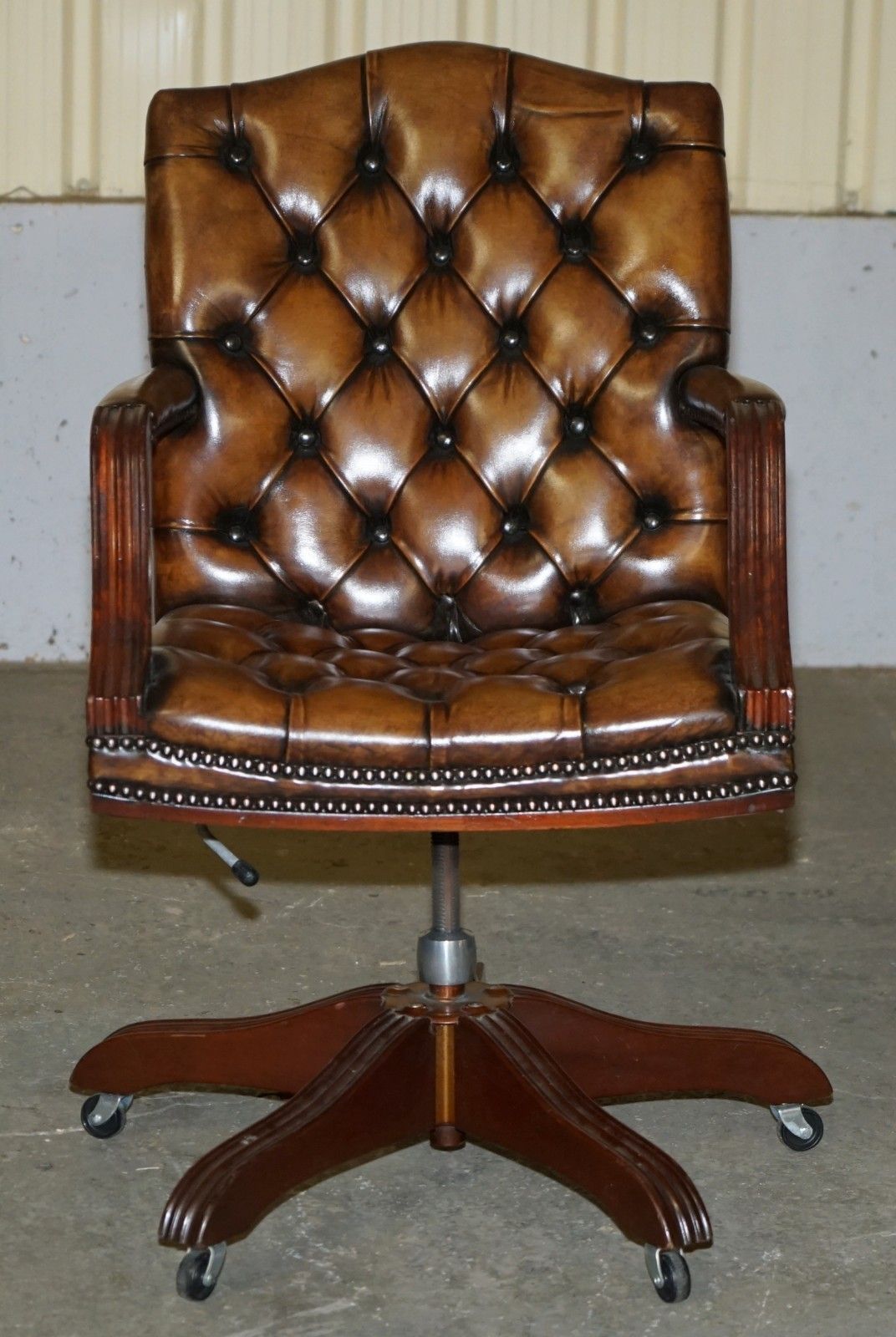 Lovely Restored Hand Dyed Cigar Brown Leather Chesterfield Tufted Captains Chair photo for sale