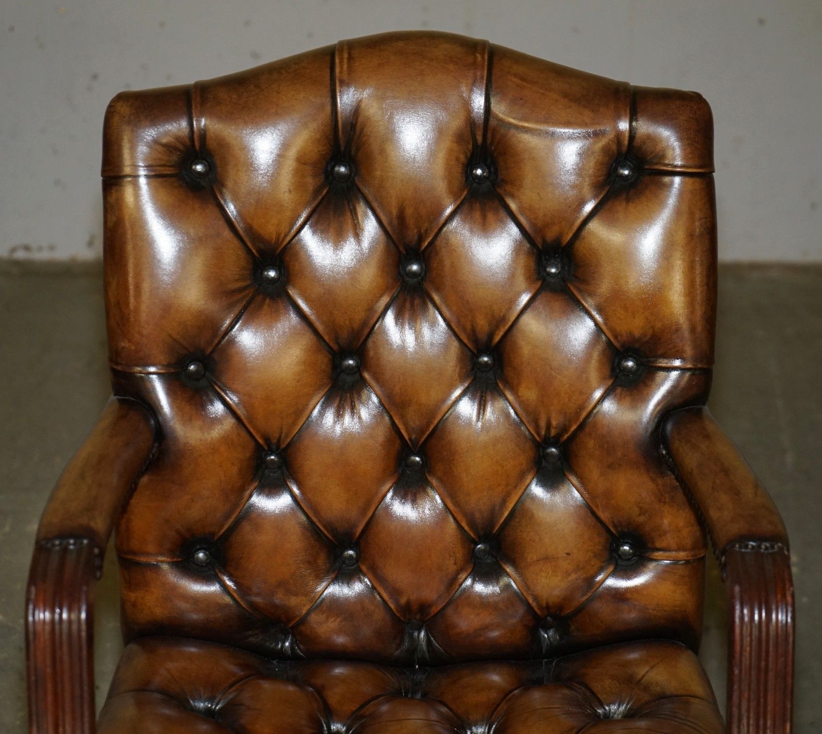 Lovely Restored Hand Dyed Cigar Brown Leather Chesterfield Tufted Captains Chair photo 2350.0