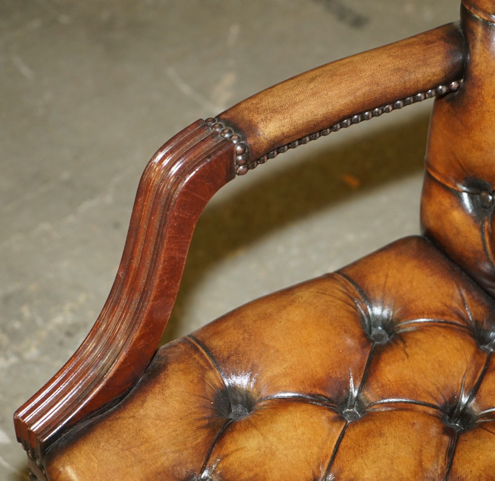 photo furniture Lovely Restored Hand Dyed Cigar Brown Leather Chesterfield Tufted Captains Chair