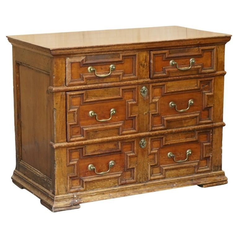 Antique 17th Century English Oak Medium Sized Chest Of Two Over Two Drawers