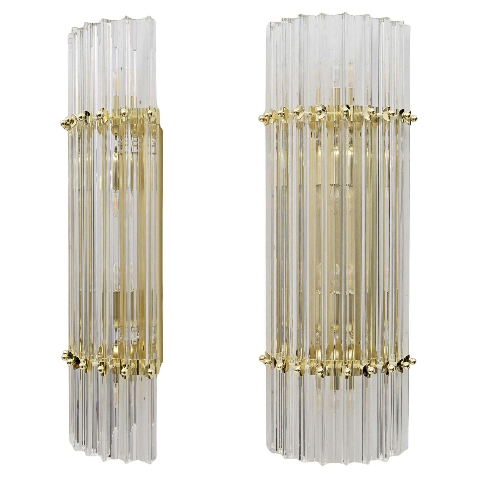 Pair Of Venini Style Mid Century Brass And Murano Glass "Triedri" Sconces