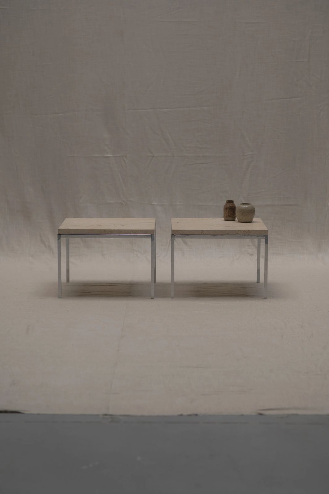 Set Of Two Modernist Side Tables In Travertine And Chrome   1970s photo for sale
