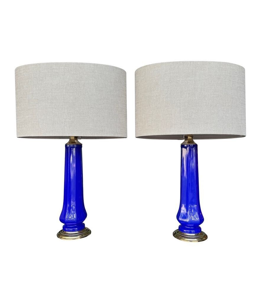 A Pair Of 1960s Cobalt Blue Opaline Murnao Glass Lamps By Gino Cenedese photo for sale