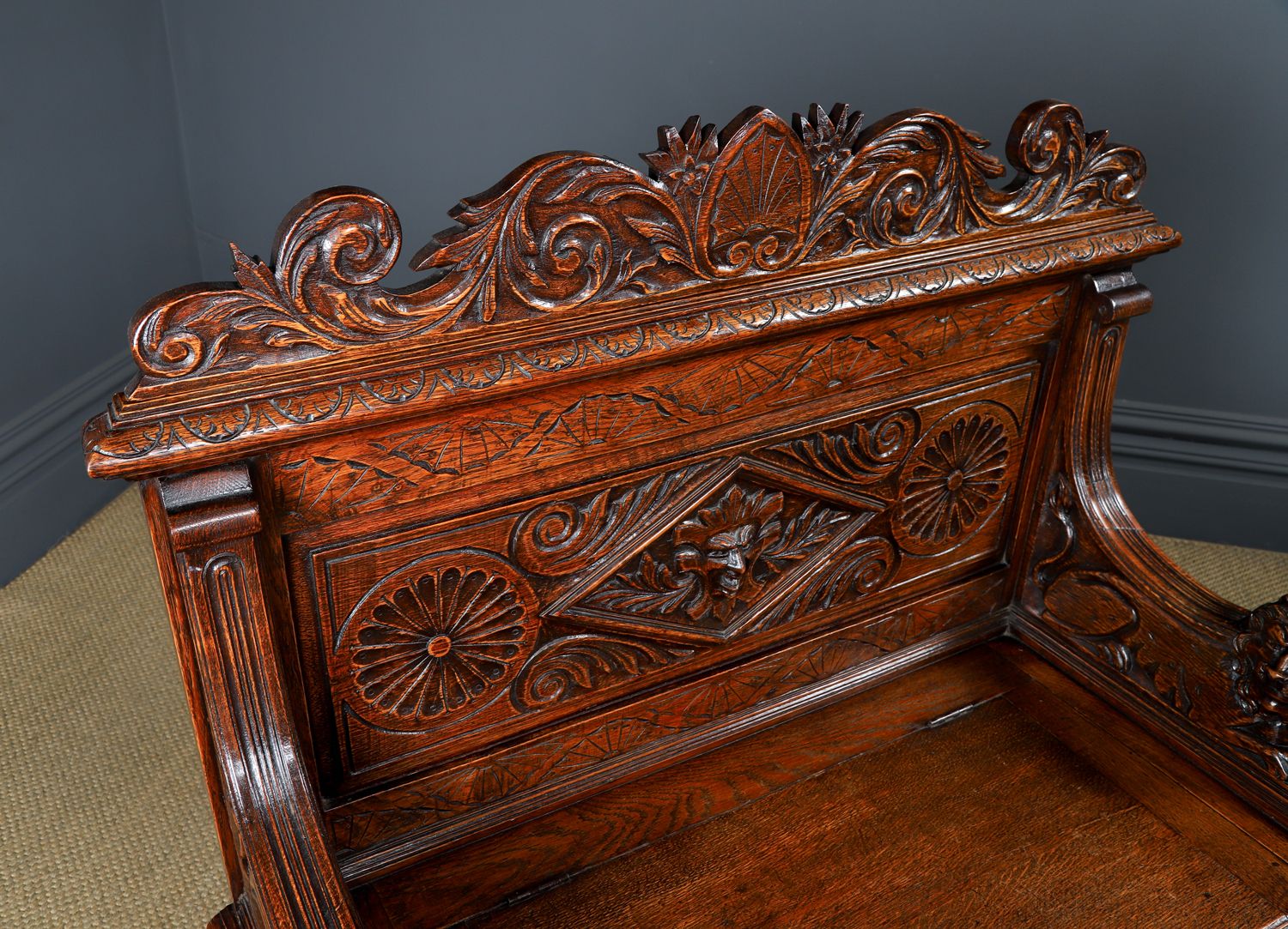 Furniture Small English Victorian Carved Oak Bench Monks Kitchen Hall Settle (Circa 1880) photo