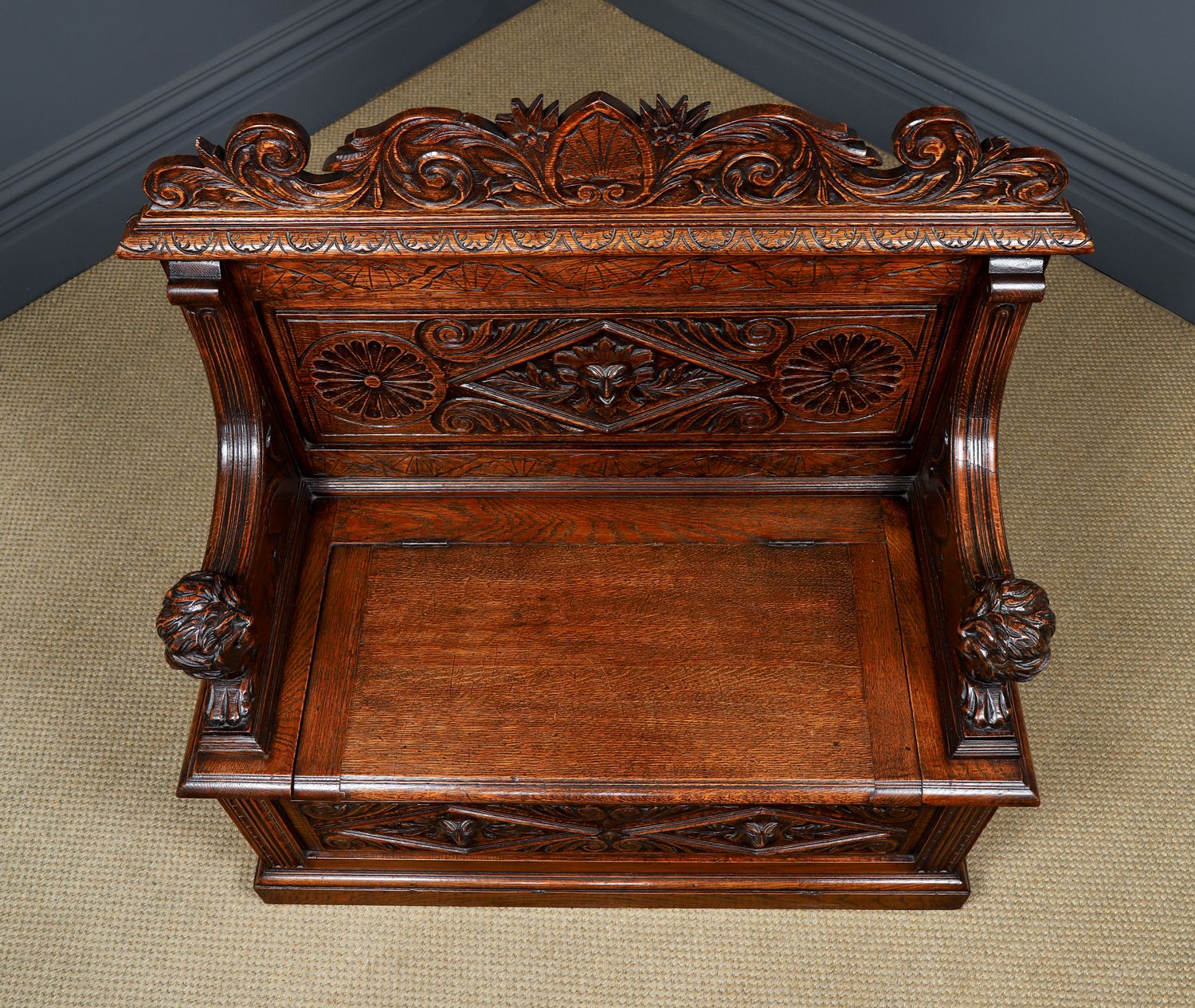 1950.0 Small English Victorian Carved Oak Bench Monks Kitchen Hall Settle (Circa 1880) photo