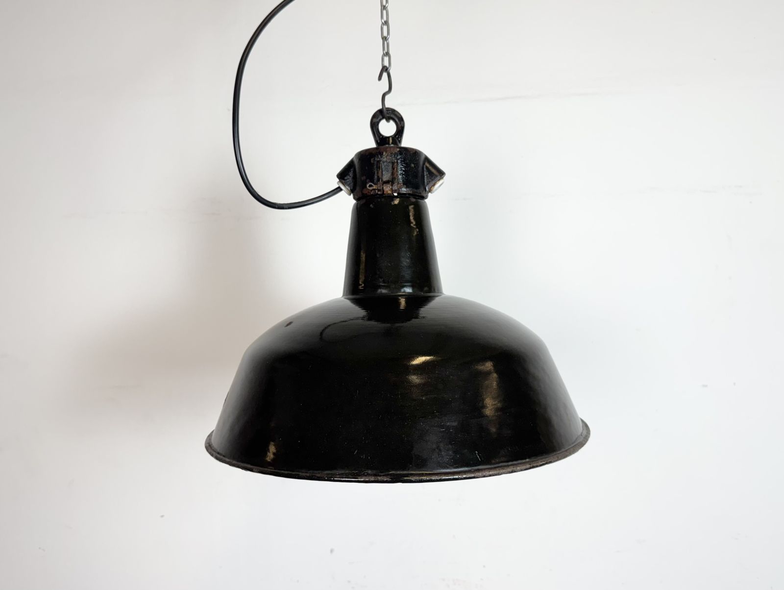 Industrial Black Enamel Factory Lamp With Cast Iron Top, 1950s photo furniture